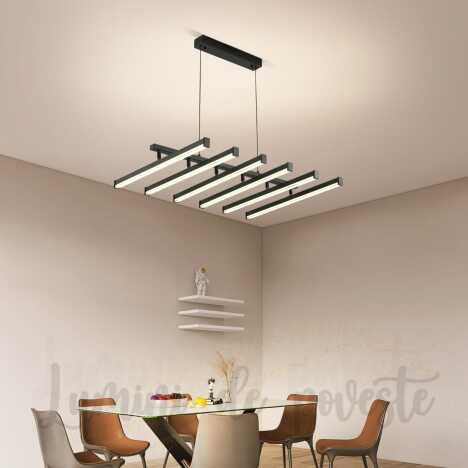 Candelabru LED 144W Lines Black, LED inclus, 7 surse de iluminare, Telecomanda, Dimabil, Lumina: Cal