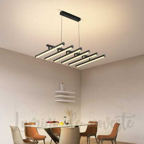 Candelabru LED 144W Lines Black, LED inclus, 7 surse de iluminare, Telecomanda, Dimabil, Lumina: Cal